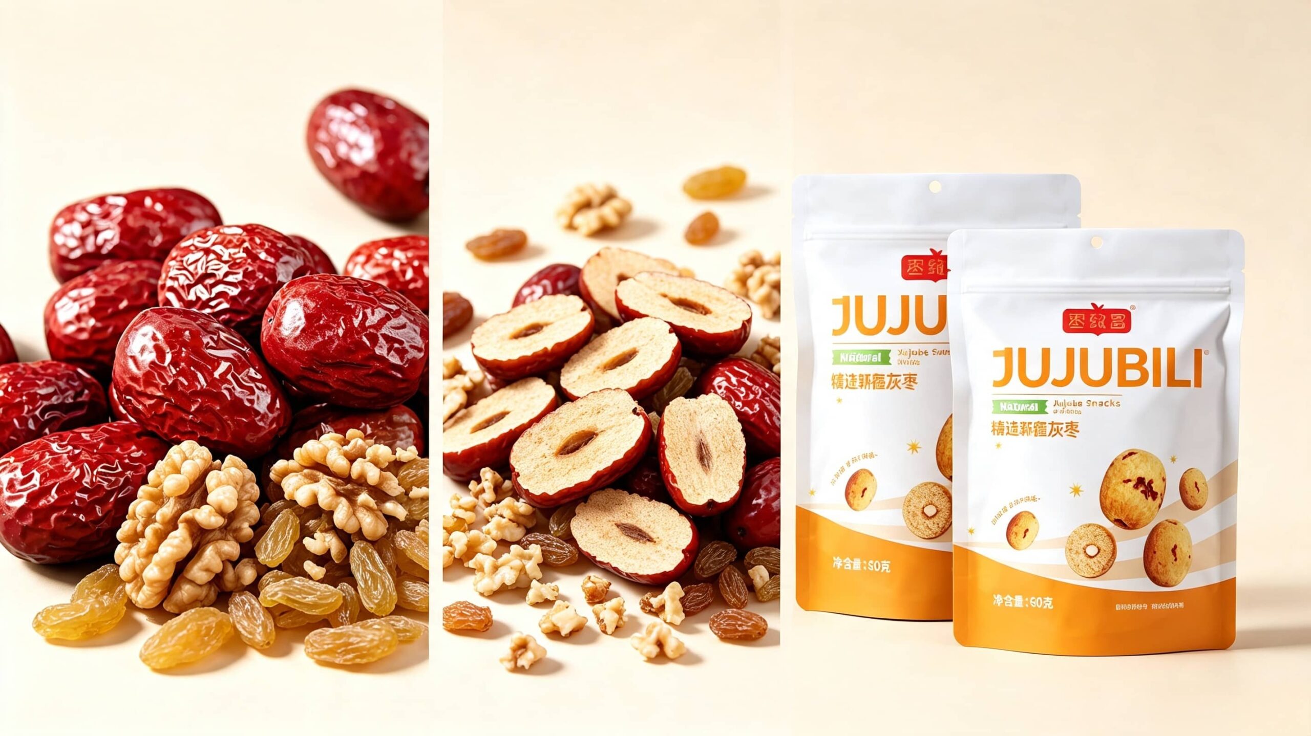 JUJUBILI Jujube ODM OEM solutions showing red date product development from raw ingredient to finished snack